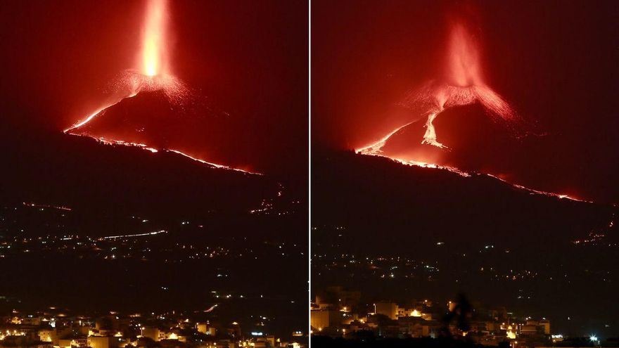 La lava se desparrama por el flanco norte del volcán de La Palma mientras la colada de La Laguna se dirige hacia el mar por el Mirador del Perdido