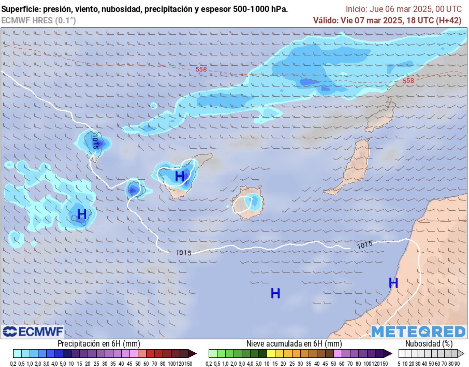 Mapa de acumulado de lluvias previstas para Canarias este viernes por la tarde, según el modelo europeo.