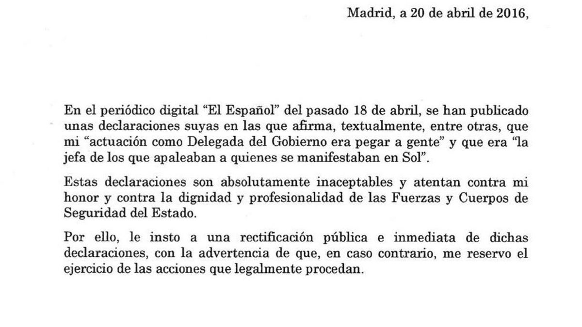 Cifuentes envía un burofax a Maestre pidiéndole una "rectificación pública" por llamarle "jefa de los que apaleaban"