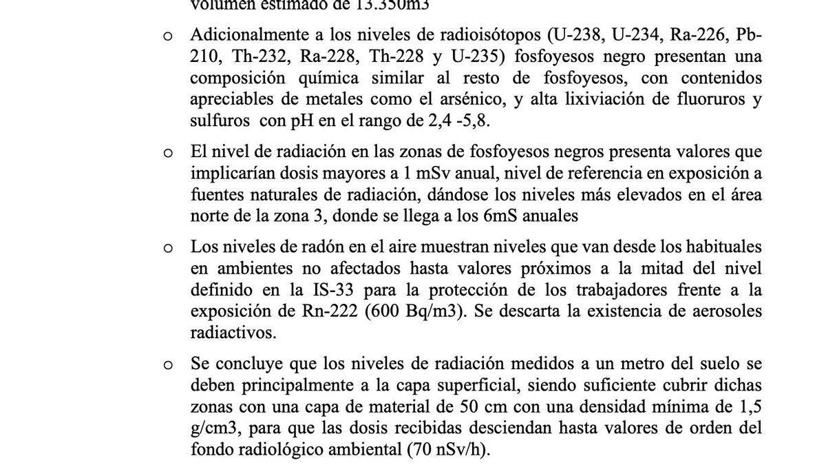 Parte del informe, en el que se refleja la contaminación que sufre la zona de marismas a 500 metros de las viviendas de Huelva.