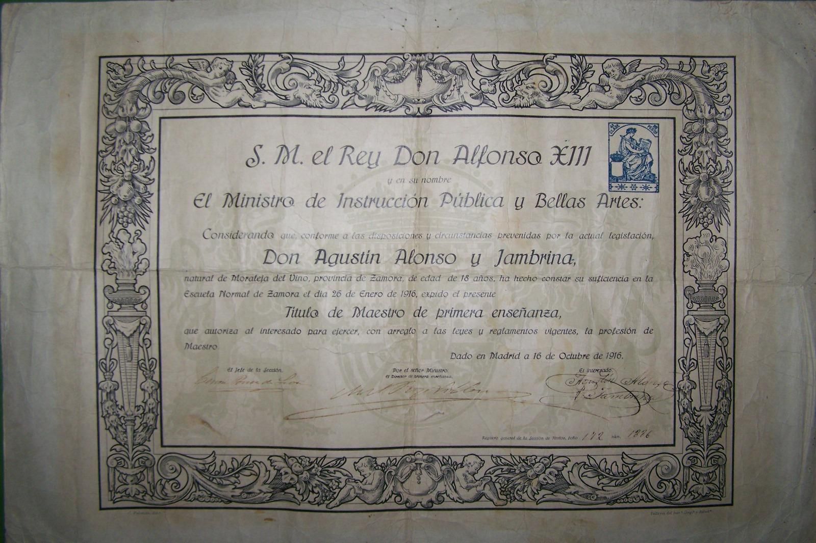 Título de Maestro de Primera Enseñanza de Agustín Alonso Jambrina.