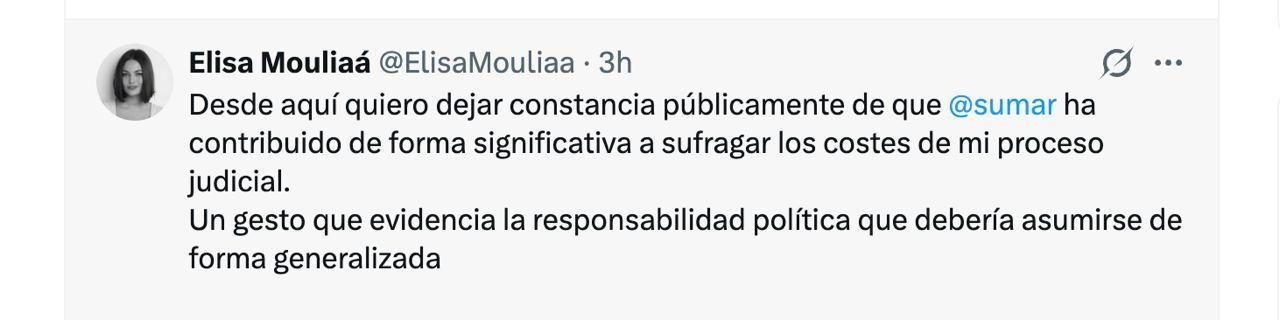 Captura del mensaje que Mouliaá publicó en sus redes y borró posteriormente.