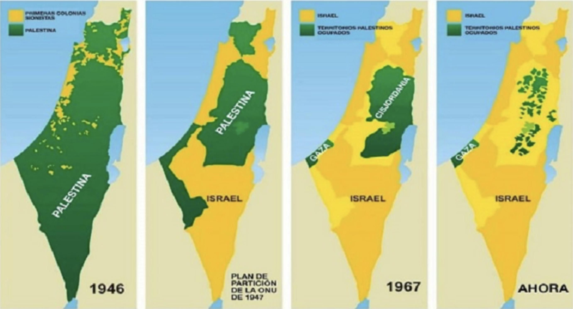 Mapa de la evolución de Israel y los territorios palestinos desde 1946