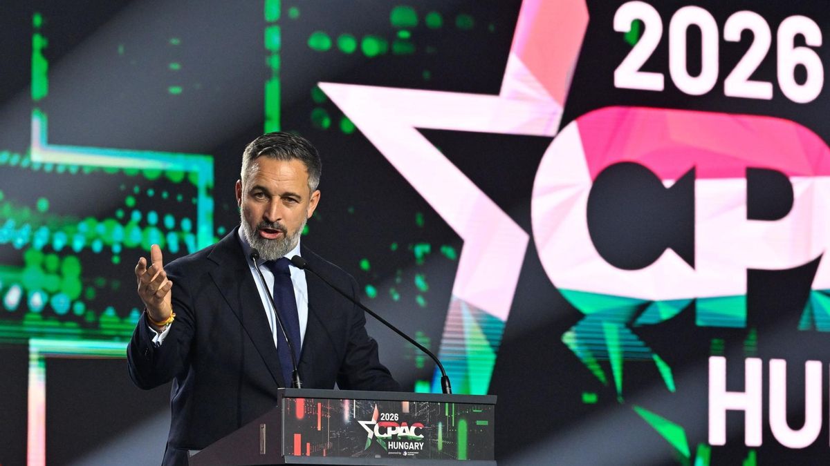 Imagen del presidente de Vox, Santiago Abascal, durante su discurso en la Conferencia de Acción Política Conservadora (CPAC) celebrada en Budapest (Hungría)