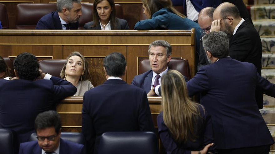 El presidente del PP, Alberto Núñez Feijóo, junto a la secretaria general, Cuca Gamarra, y miembros de su partido en el Congreso este miércoles.