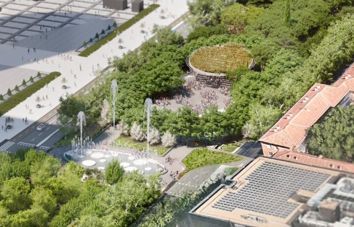 Detalle de la fuente ornamental y del auditorio con plaza pública