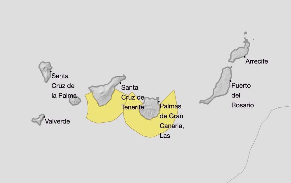 Mapa de avisos amarillos por fuerte oleaje en Gran Canaria y Tenerife.
