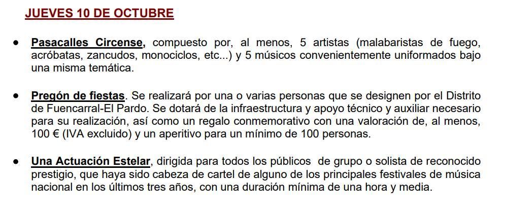 Detalle del pliego del concurso para las Fiestas del Pilar 2024, en el que no se incluía la actuación de ningún DJ el día en el que estará El Pulpo