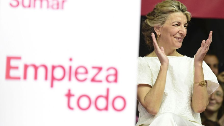 La vicepresidenta segunda del Gobierno, Yolanda Díaz durante la presentación el pasado 2 de abril de su candidatura de Sumar a las elecciones generales en el polideportivo Magariños de Madrid. EFE/ Víctor Lerena