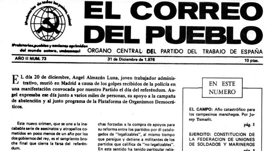 Relato de la muerte de Ángel Almazán en El Correo del Pueblo, el órgano propagandístico del Partido del Trabajo en España.