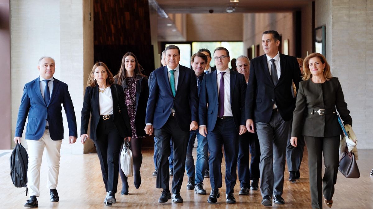 El consejero de Economía y Hacienda, Carlos Fernández Carriedo (4i) a su llegada para comparecer este martes en la comisión correspondiente de las Cortes de Castilla y León para exponer el proyecto de Ley de presupuestos generales de la Comunidad para 2026.