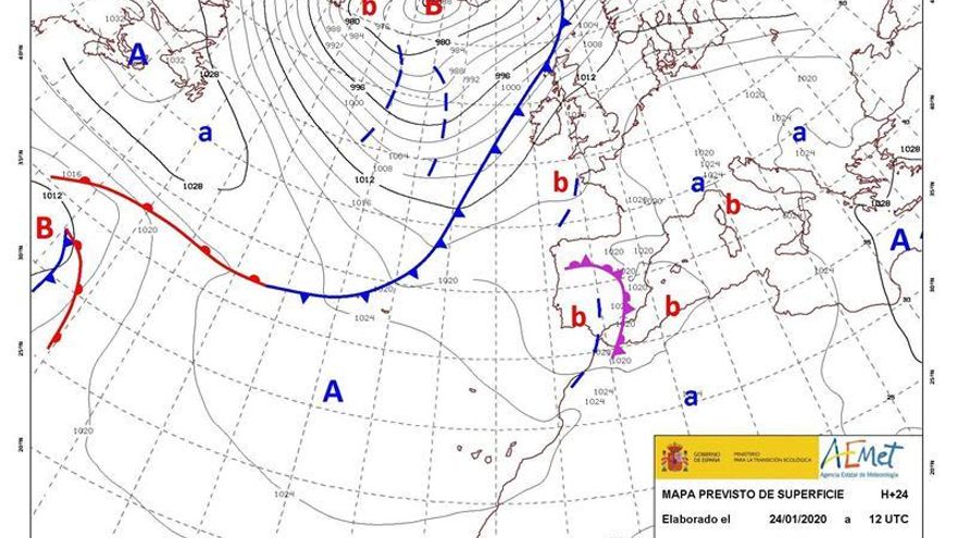 Mapa de isobaras elaborado por la AEMET, válido para el 25/01/2020.