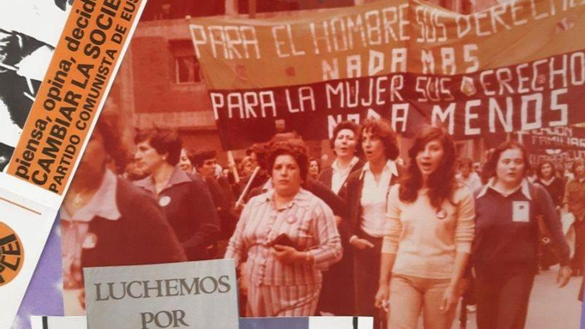 "Para el hombre sus derechos nada más, para la mujer sus derechos nada menos" en una pancarta a favor de los derechos de la mujer en los 70 en Euskadi