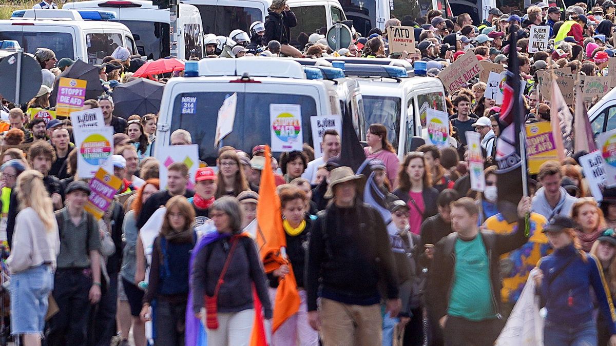 Un grupo de manifestantes protestan ante la celebración del congreso de AfD en Erfurt (Alemania) el 4 de julio.