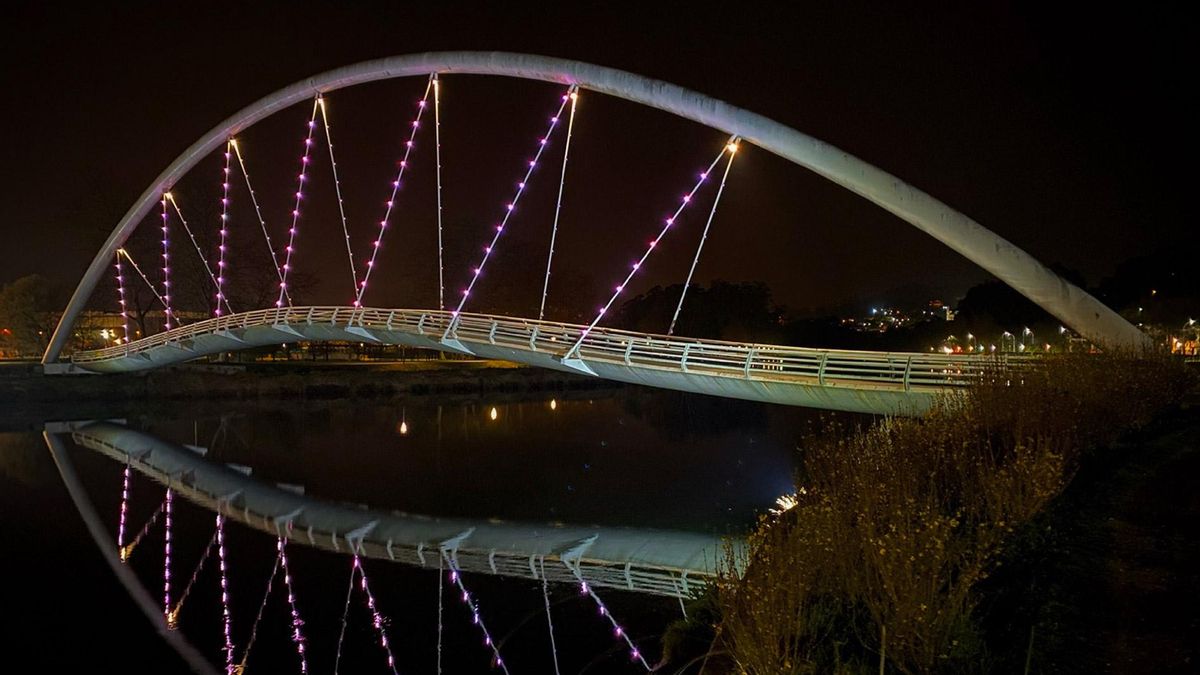 De forma curva y con un cuidado diseño, esta pasarela metálica y peatonal es considerada una joya de la ingeniería gallega