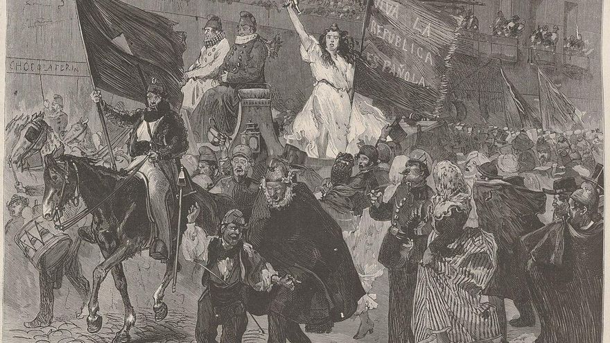 Proclamación de la República en las calles de Madrid la noche del 11 de febrero, dibujo de Vierge en Le Monde Illustré.