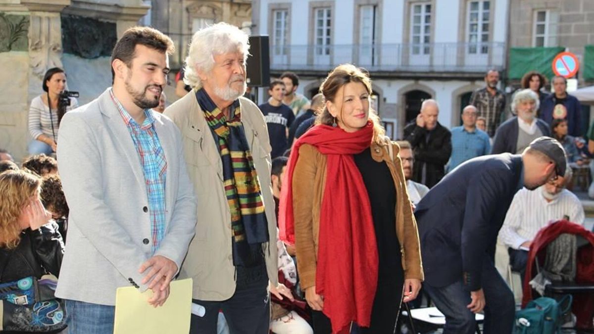 Los líderes de Podemos-Galicia, Anova y EU, en la presentación del preacuerdo.