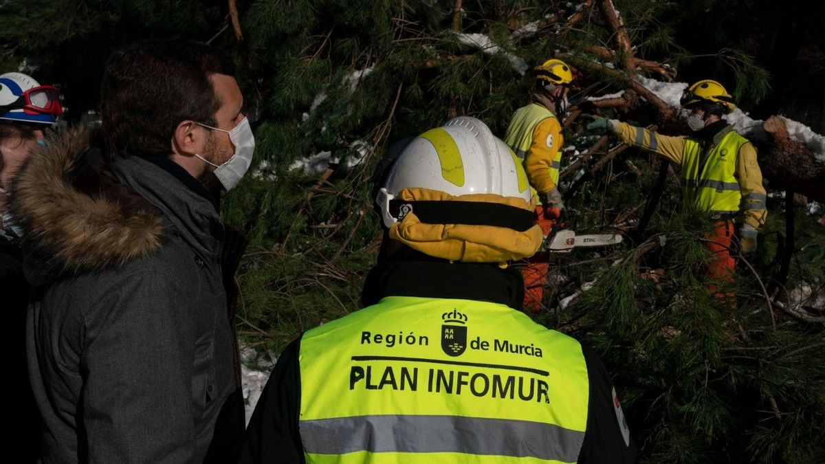 El líder del PP, Pablo Casado, visita varias zonas afectadas por el temporal Filomena de la calle del Condado de Treviño, en el distrito madrileño de Ciudad Lineal. En Madrid, a 11 de enero de 2021.