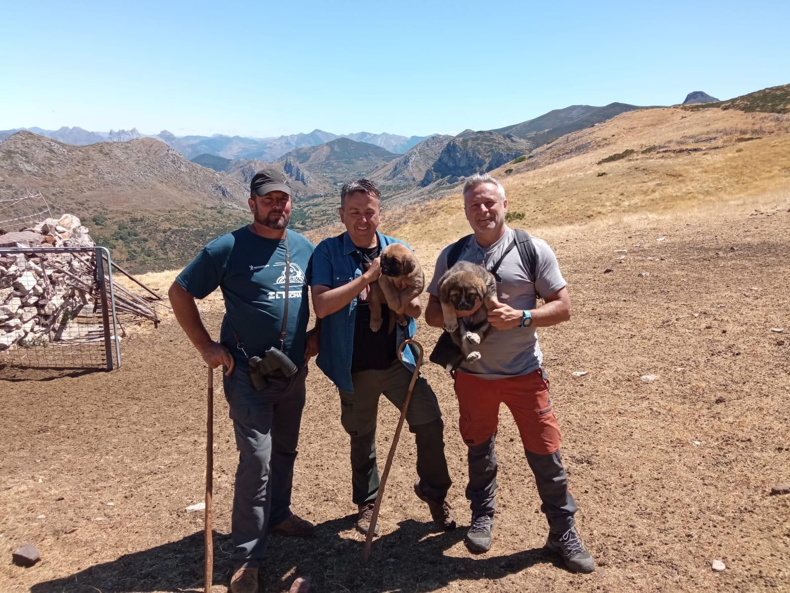 El pastor Abel Florez y los investigadores Carlos Javier Durá y Francisco Almarcha en Curueña, en la comarca de Omaña, en León.