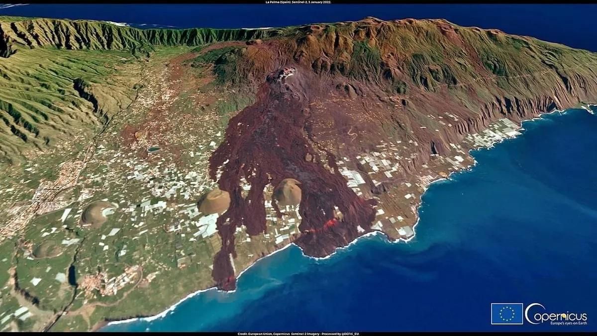 Imagen de archivo del último volcán de La Palma en Cumbre Vieja (19 de septiembre-13 de diciembre 2021) y la lava en el Valle de Aridane. COPERNICUS