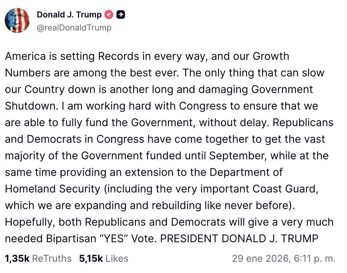 Truth Social de Trump sobre el acuerdo entre demócratas y la Casa Blanca sobre el DHS.