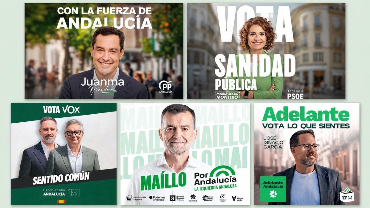 Ni 'azul PP' ni 'rojo PSOE': todo al verde en los carteles electorales en Andalucía, y hasta Vox le hace un guiño a la bandera