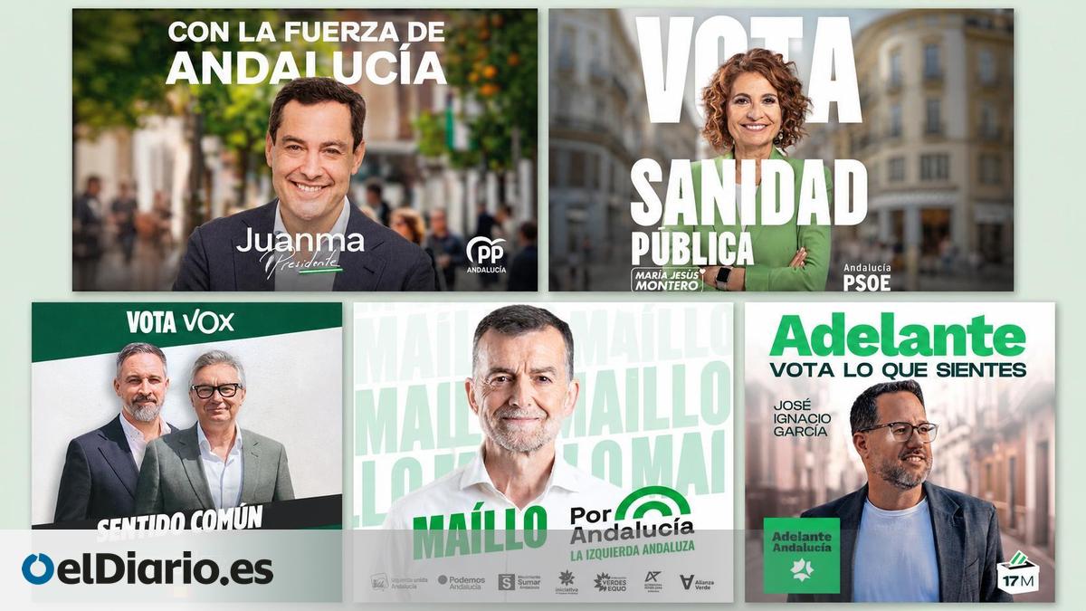 Ni  azul PP  ni  rojo PSOE : todo al verde en los carteles electorales en Andalucía, y hasta Vox le hace un guiño a la bandera