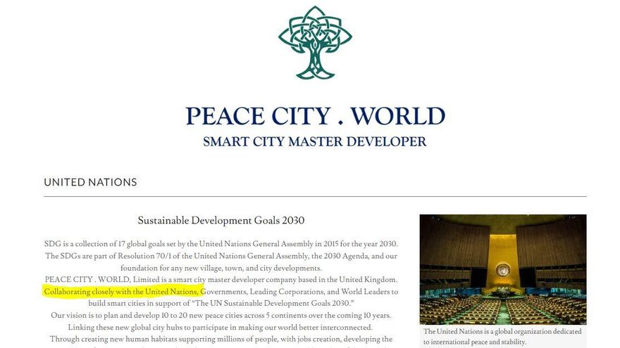 Captura de la web de Peace City World donde afirma "colaborar estrechamente con Naciones Unidas"
