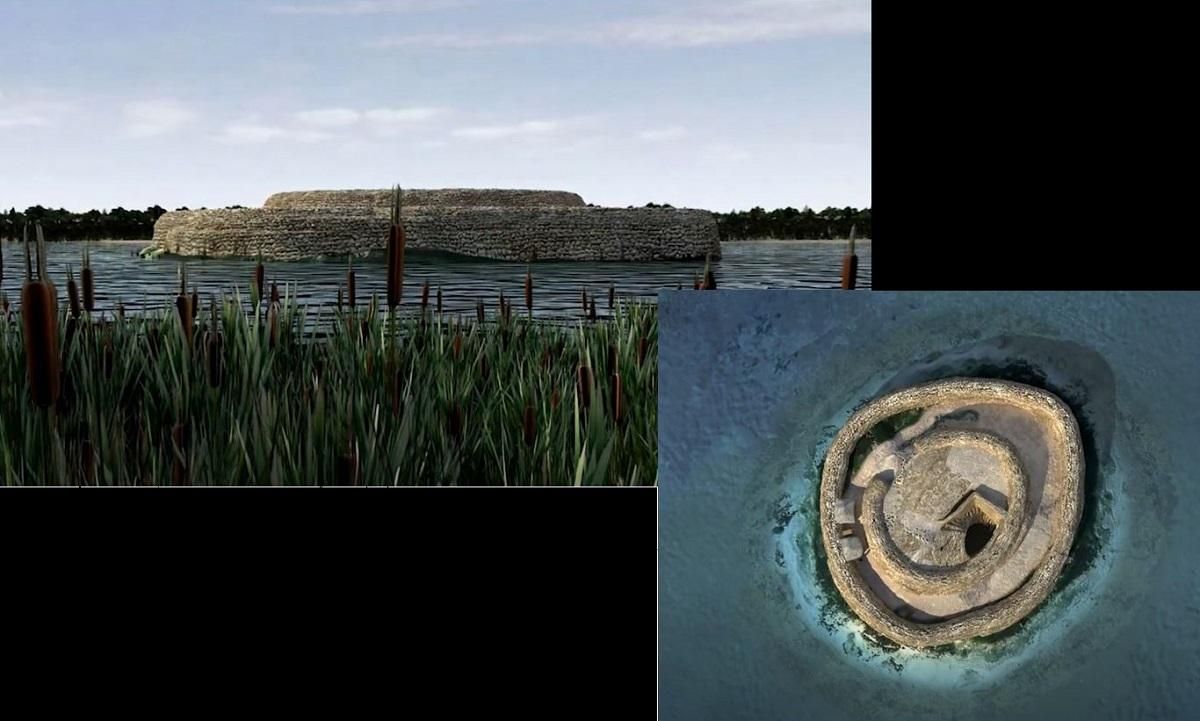 Recreación del Acequión entre el 2275 y 1765 a.C. (Fase II), en la Edad del Bronce. Esta motilla estuvo en uso cinco siglos. Progresivamente las aguas regresaron a la laguna y el pozo central sin torre fue abandonado al regresar las aguas al entorno.