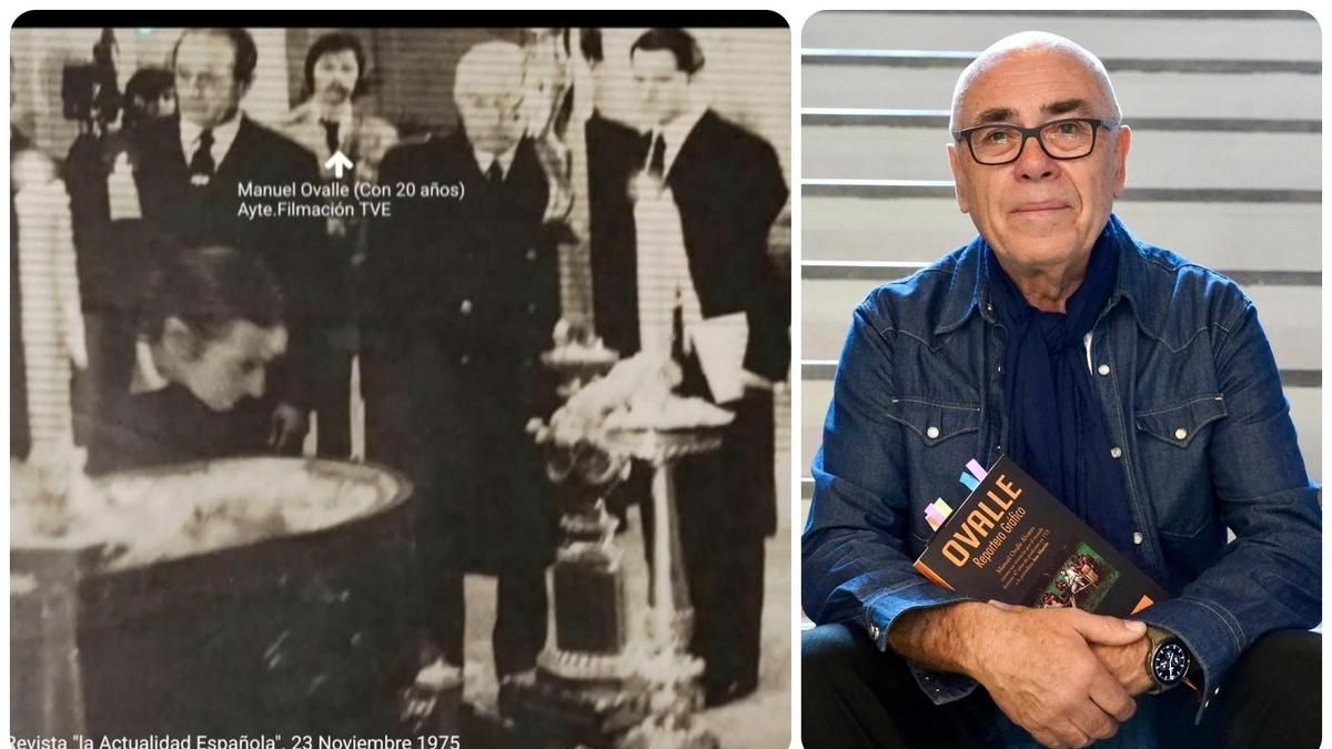 Manuel Ovalle, a la izquierda con bigote y gabardina en el cierre del ataúd de Francisco Franco y a la derecha con su libro 'Ovalle, reportero gráfico'.