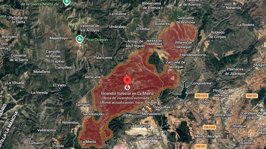 Extensión del incendio de La Mierla (Guadalajara) sobre las 9.42 horas de este domingo 19 de julio