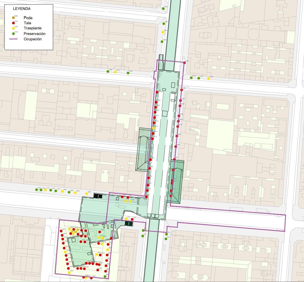 Actualización del proyecto, después de la declaración de impacto ambiental, con talas (rojo), trasplantes (amarillo) y preservación (verde) de los árboles en el entorno de la estación de Palos de la Frontera y la calle Ancora.