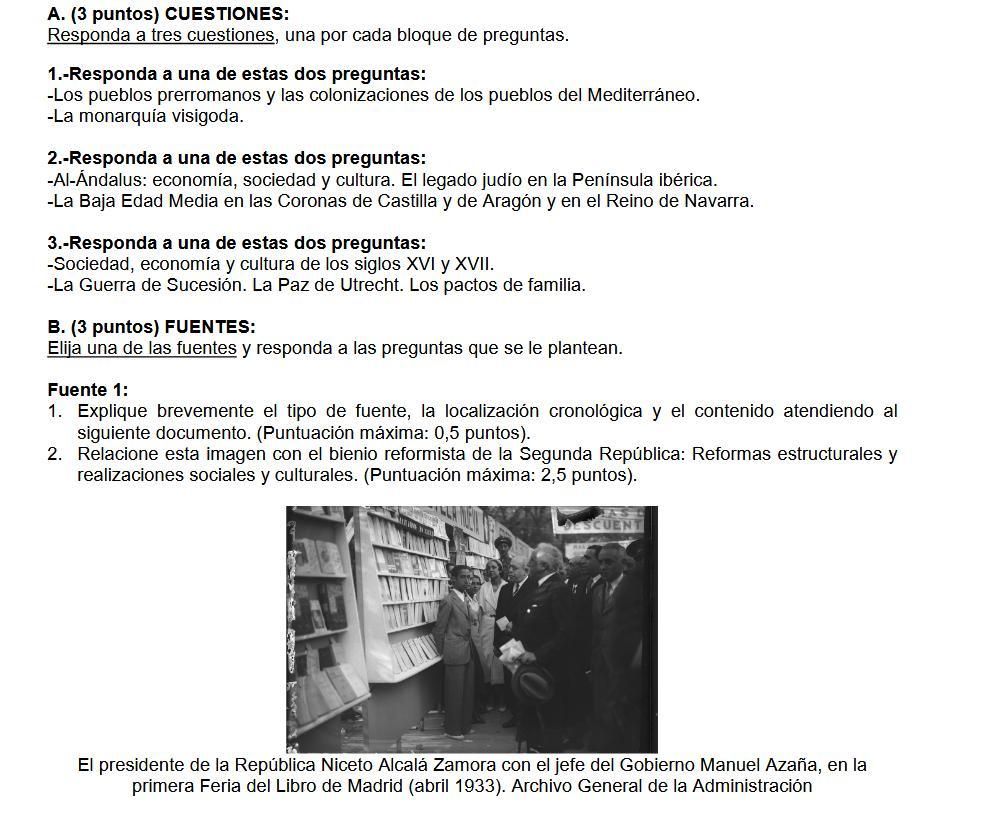 Modelo de examen de Historia de España para la Selectividad de 2026 en Madrid.