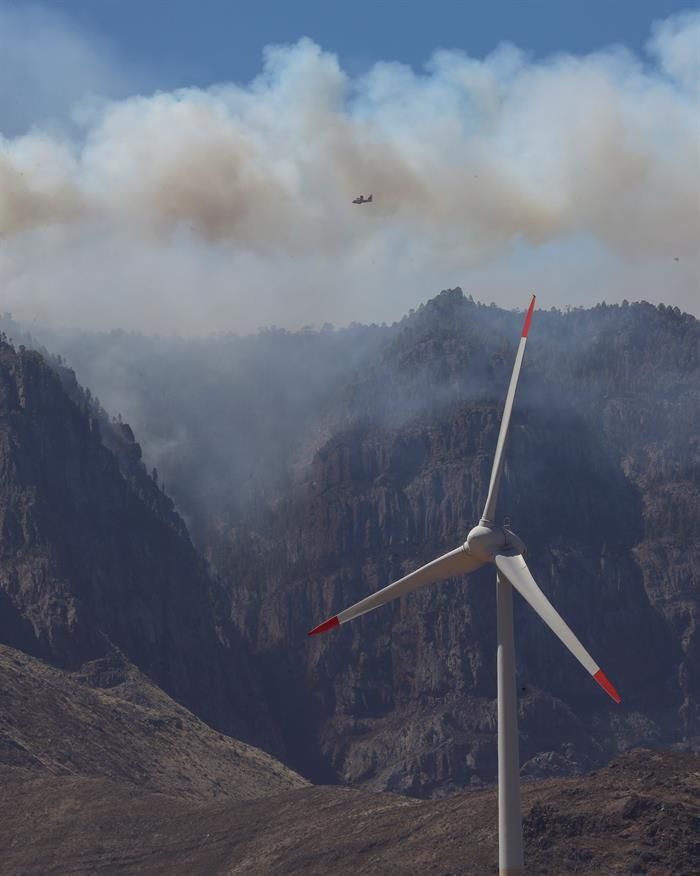 Un hidroavión pasa este martes sobre el foco del pinar de Tamadaba del incendio de Gran Canaria. EFE/Elvira Urquijo A.