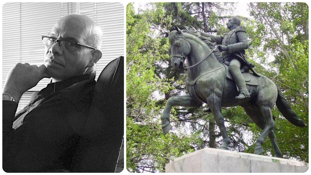Nestor Luis Garrido y la estatua en Madrid de Simón Bolívar.