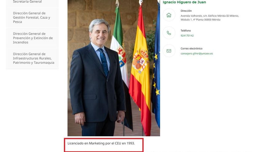 Screen capture of the Board of Extremadura with Ignacio Higuero's curriculum