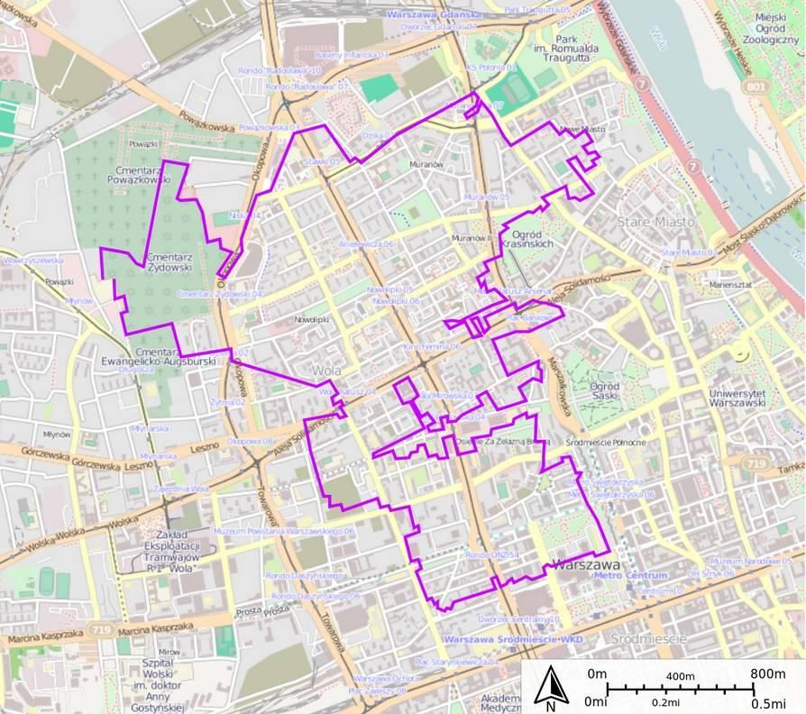Delimitación del gueto de Varsovia, que ocupaba poco más de tres kilómetros cuadrados del centro de la capital polaca.