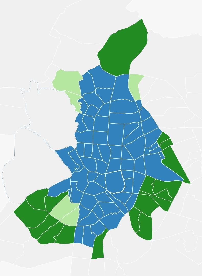 Mapa de las actuales zonas SER (en azul), ampliaciones inmediatas (verde claro) y futuras (verde oscuro)