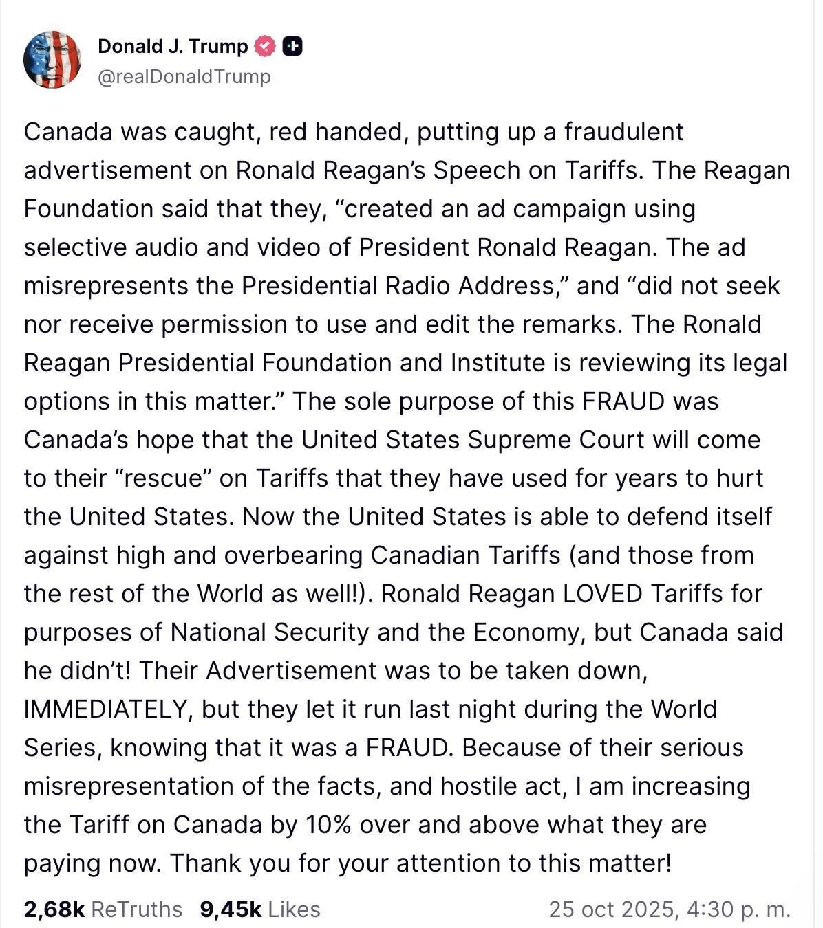 Truth Social de Trump aumentando los aranceles a Canadá por un anuncio con la voz de Reagan.