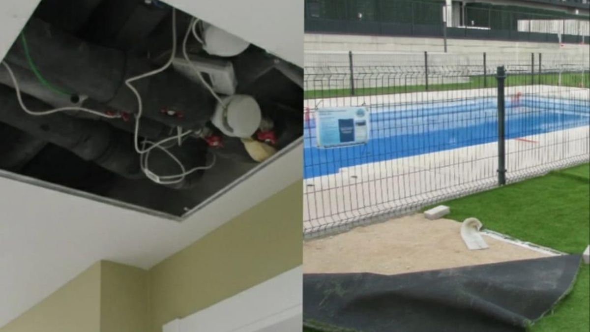 A la izquierda, tuberías, cables y contadores al descubierto en uno de los pasillos del inmueble del Plan Vive en Letonia 14, Tres Cantos, y la derecha, el césped artificial levantado y sujetado por ladrillos