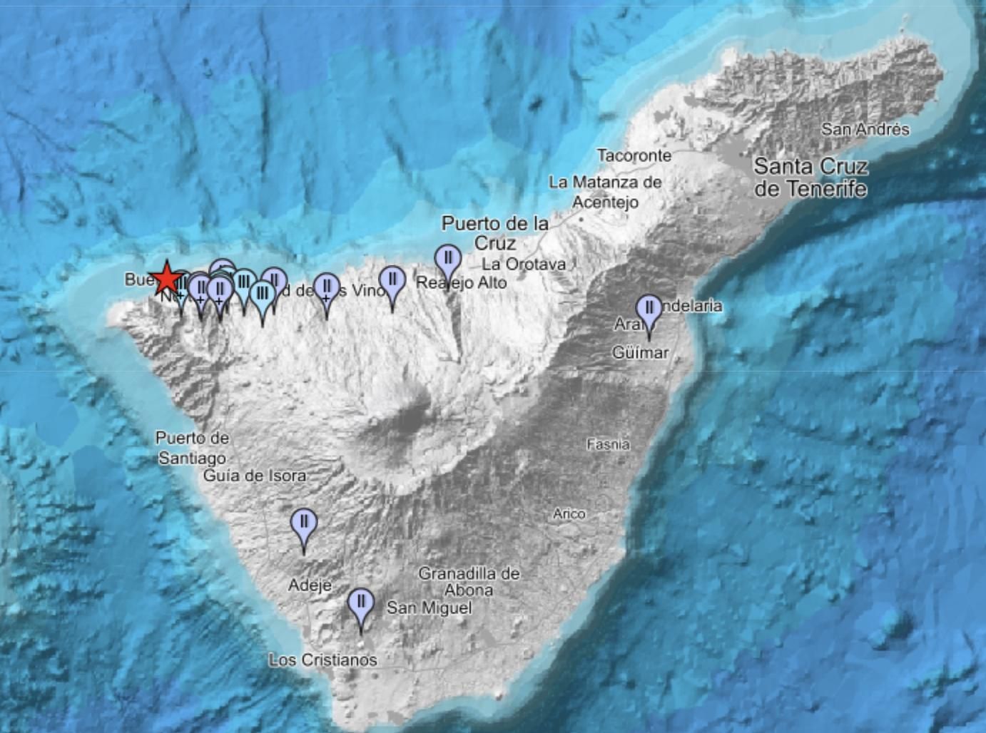Lugares en los que se sintió el terremoto de 3,3 de este lunes en Tenerife, y grado de intensidad.