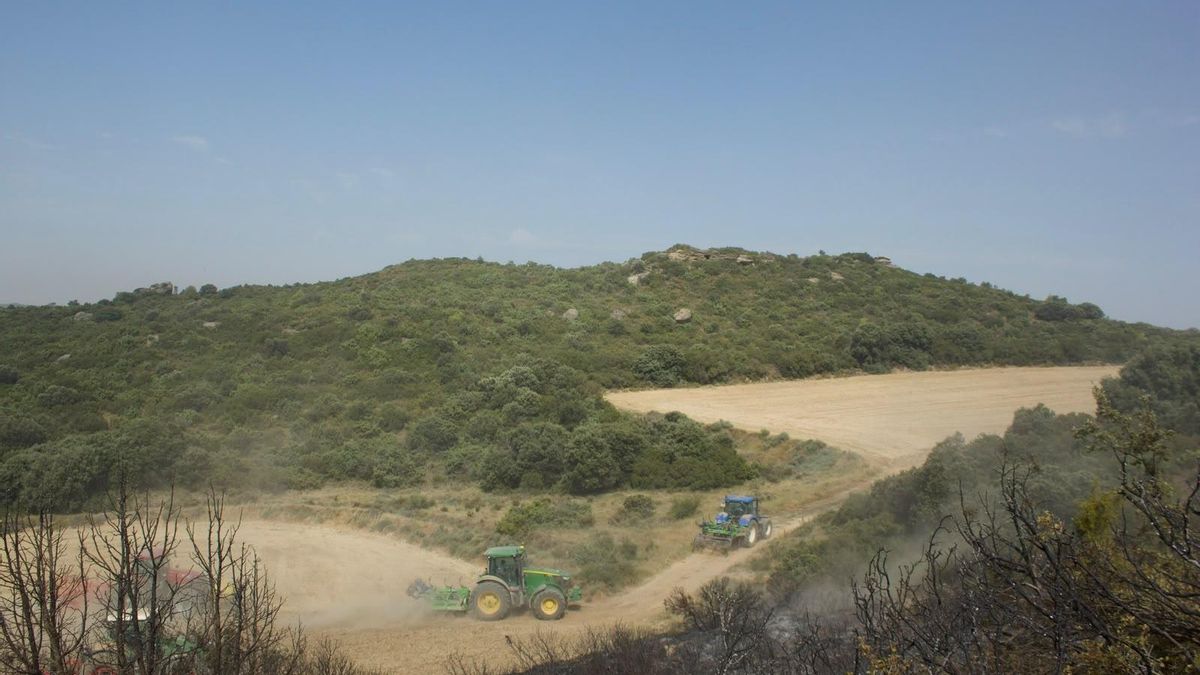 Agricultores colaborando en la extinción del incendio en las Cinco Villas