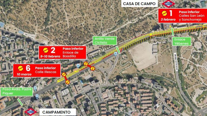 Cómo cruzar de un lado al otro la A-5 durante las obras: bus gratuito y pasos peatonales cerrados o habilitados