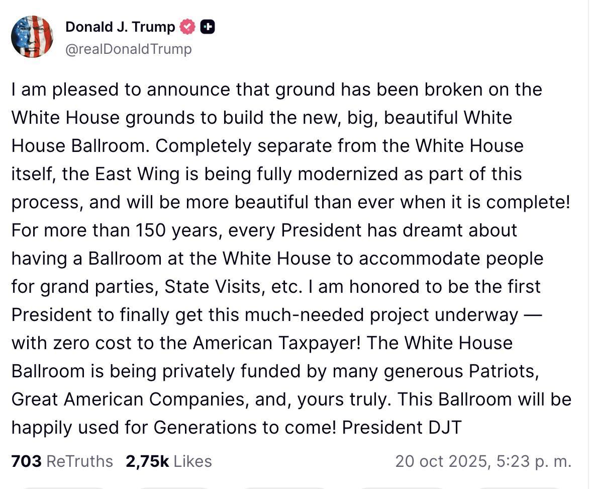 Truth Social de Trump anunciando la demolición del Ala Oeste, el 20 de octubre de 2025.