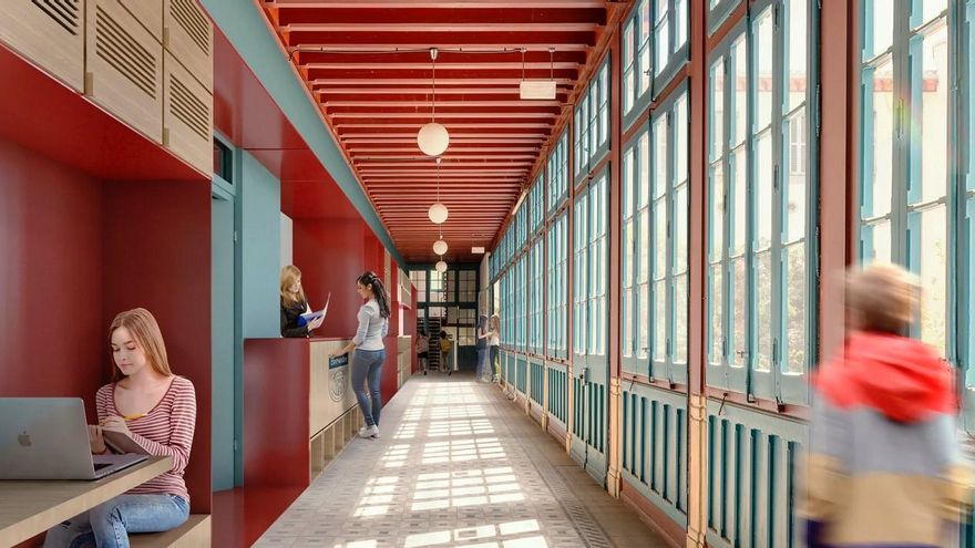 Recreación del interior del Instituto Homeopático, con su característicos ventanales, convertido ya en el colegio privado Brewster Academy.