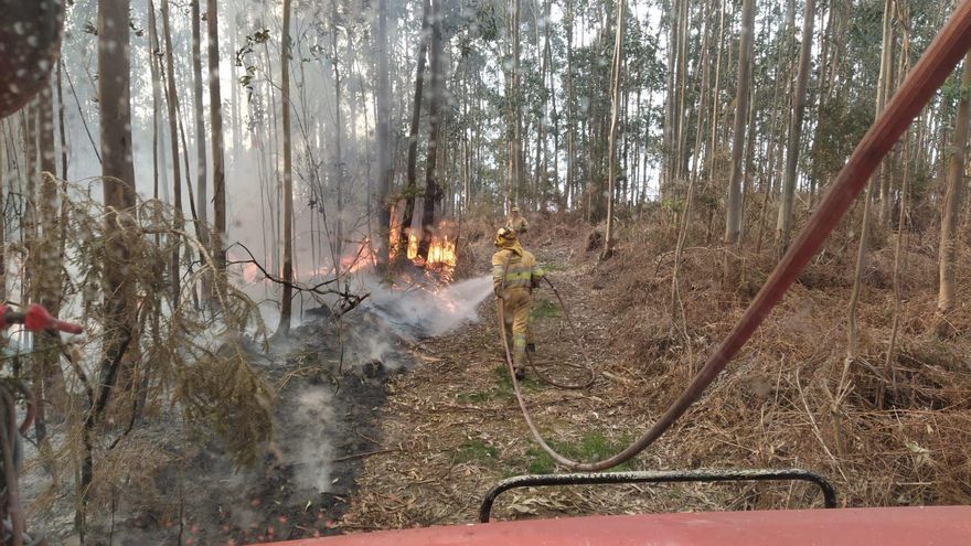 Un bombero extingue un incendio forestal en Cantabria
