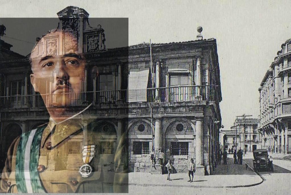 Imagen del dictador y golpista Francisco Franco y del Ayuntamiento de León cuyos mandatarios republicanos dueron fusilados.
