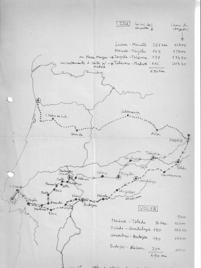 Croquis del itinerario entre Lisboa y Madrid, elaborado por Nuno Teotónio Pereira en febrero de 1970 para planificar la fuga de dos jóvenes