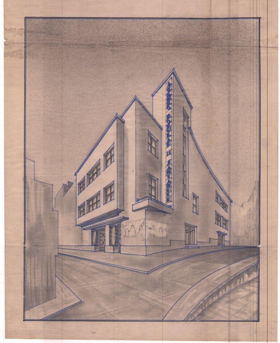 Plano perspectiva de la fachada del Ateneo Popular de Santander realizada en 1935.