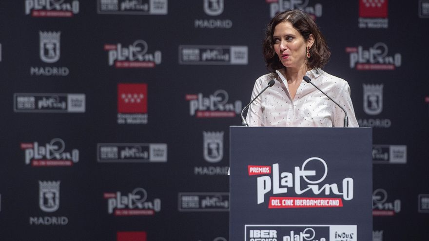 La presidenta en funciones de la Comunidad de Madrid, Isabel Díaz Ayuso, interviene en la presentación de la VIII edición de los Premios Platino del Cine y el Audiovisual Iberoamericano, en los Teatros del Canal, a 11 de junio de 2021, en Madrid